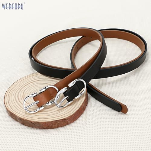 WERFORU 2Pack Thin Belts for Women Skinny Leather Belts for Jeans Pants Women Thin Leather Belt Black Belt with Gold Buckle4