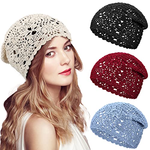 4 Gorros Holgados de Ganchillo para otoño, Hechos a Mano, con diseño de Calavera Floral, de algodón, con Corte de Verano, para Mujer, de Punto Ligero, Negro, Beige, Rojo Vino, Azul, M-L