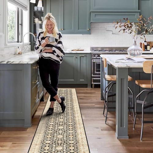 YOUFORTONG 3x20 Extra Long Runners for Hallways: Soft Kitchen Rug Non Slip Rug Runner with Rubber Backing for Bathroom Washable Non Shedding Farmhouse Runner Rug (Black, 3X20)