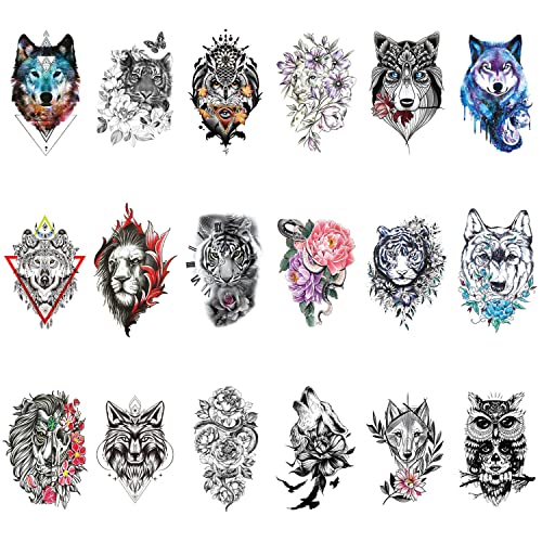 Glaryyears Wild Animal Temporary Tattoo For Adults Men Women, 18-Pack Wolf Owl Tiger Snake Lion Flower Design Fake Tattoos, Realistic Tattoos For Arm Shoulder Leg Back Body #TOP20