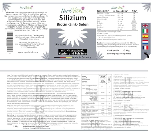 Hochdosiertes Silizium aus Bambus-Extrakt (850 mg), Hirse-Extrakt, Biotin, Zink, Selen, Kupfer, und Folsäure - organisches Silicium mit hoher Bioverfügbarkeit -120 Kapseln -Vegan - deutsche Produktion