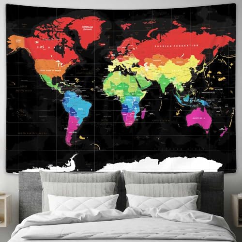 Drgilau World Map Tapestry, Black Map Educational Wall Tapestry Asia Europe South City Topography America Africa Wall Decor, Color Map of World Wall Art for Living Room Office 40X30 Inch