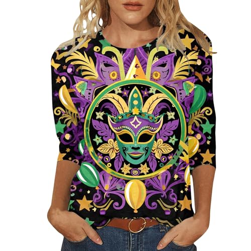 HUIFUAO - Camicia da donna con stampa con maschera e maniche a 3/4, per martedì grasso, Viola #3., M