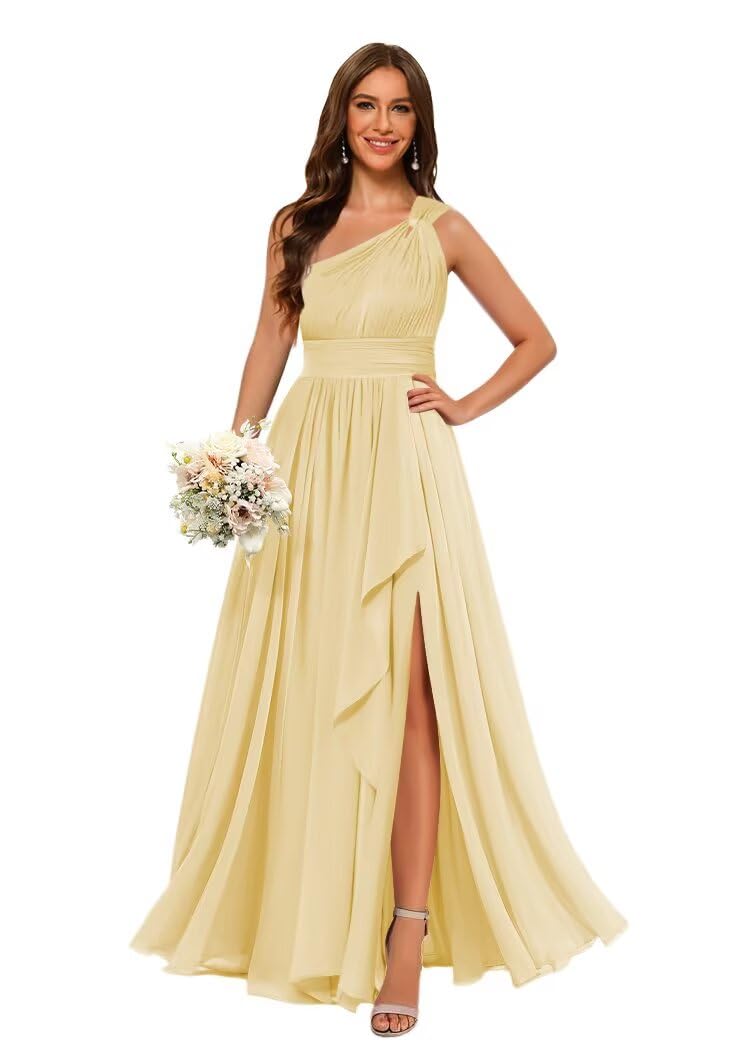 Women's One Shoulder A Line Bridesmaid Dresses Long Chiffon Pleated Formal Evening Party Gowns STN007