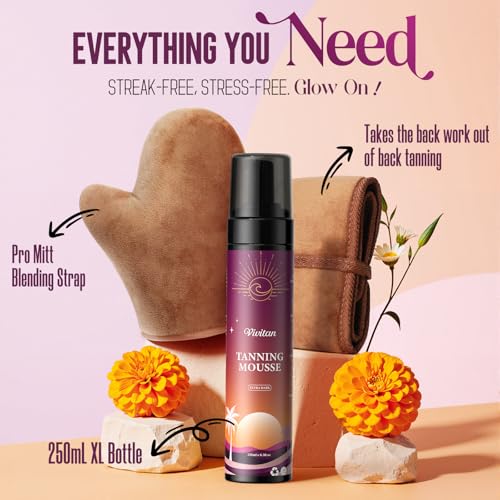 Image of Self Tanner Mousse Kit - 1-Hour Express Dark Bronze + 250mL XL w /Mitt & Strap | Plant 30% DHA for Long-Lasting Tan | No Orange Tones, Streak-Free & Odorless | Natural Sunless Glow （Dark）