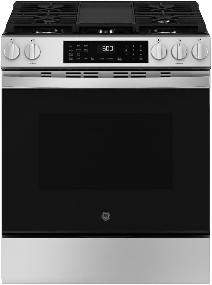 GE GGS600AVFS 30 inch Slide-In Gas Convection Range with Steam Cleaning and EasyWash Tray, Stainless Steel
