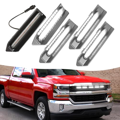 Image of LED Front Grill Lights for 2016 2017 2018 Chevy Silverado 1500 Accessories | Fits Silverado Custom WT LT LS Only Grille Light Bar with adaptor fuse Waterproof smoked lens Bright 5000K Silverado lights