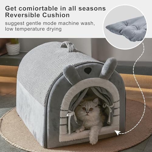 Jiupety Small Dog House Indoor, Dog Cave with Door Curtain Design, Puppy House with Reversible Washable Cushion, M Size Portable Pet Cave for Small Dogs Up to 12 Lbs, Non-Slip Bottom, Grey - Image 5