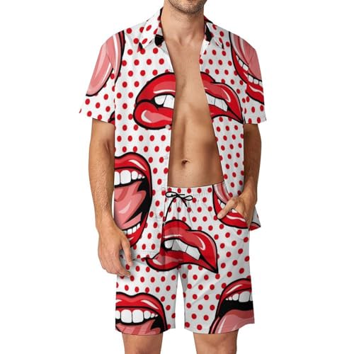 Chemise Hawaïenne Hommes Ensemble Court de Plage Été Motif Lèvres S