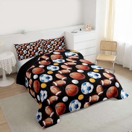 Image of Feelyou Soccer Football Comforter Set Queen Size Basketball Baseball Softball Sport Theme Bedding Set for Kids Boys Girls Black Duvet Quilt Bedroom Decor Microfiber 3 Pcs with 2 Pillow Cases