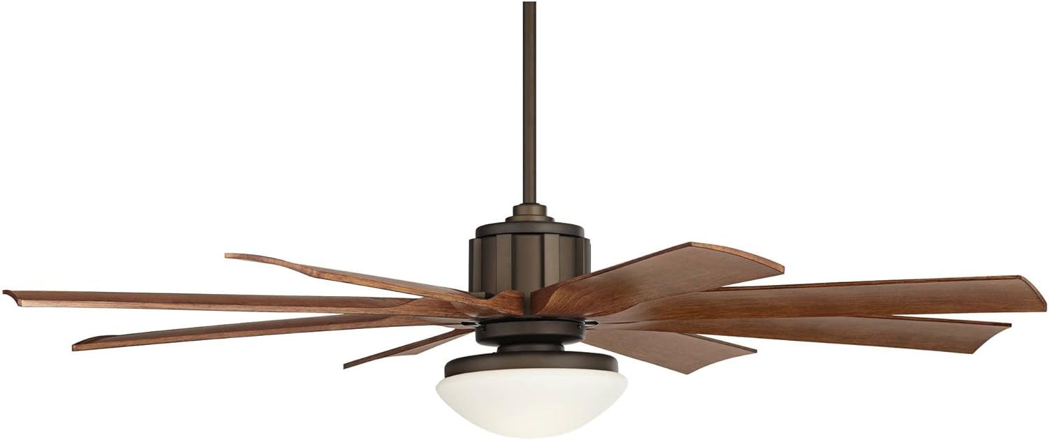 Possini Euro Design 60" Defender Industrial Outdoor Ceiling Fan with LED Light Remote Control Oil Rubbed Bronze Painted Koa Opal Frosted Glass Damp Rated for Patio Exterior House Home Porch Gazebo