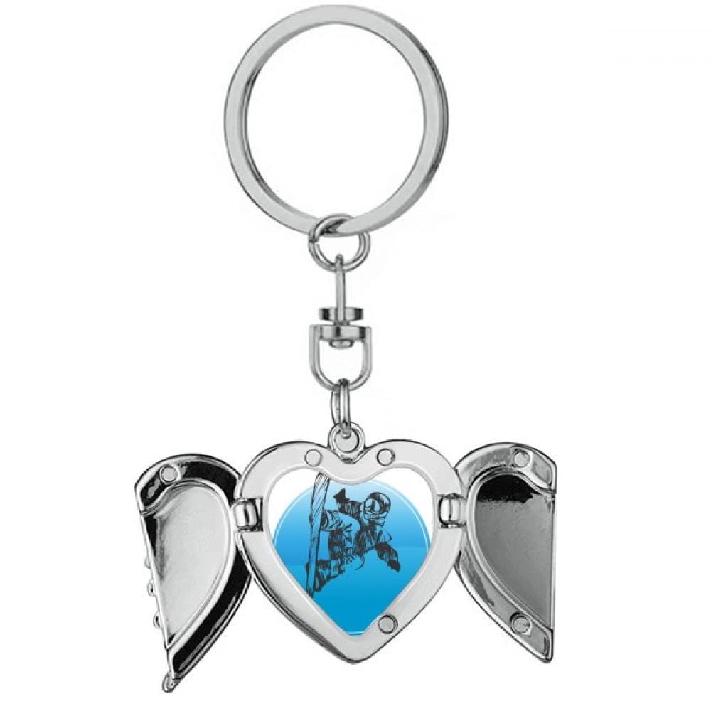 no/noWinter Sport Skis and Ski Poles Pattern Heart Angel Wing Key Chain Holder