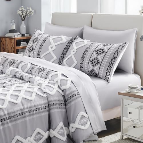 Image of MOVE OVER Gray Tufted Comforter Set Queen Size 7 Pieces Bed in A Bag Farmhouse Bedding Comforter Sets Boho Aztec Sheet Set and Comforter Set Modern Boho Tufted Bedding Set for All Seasons