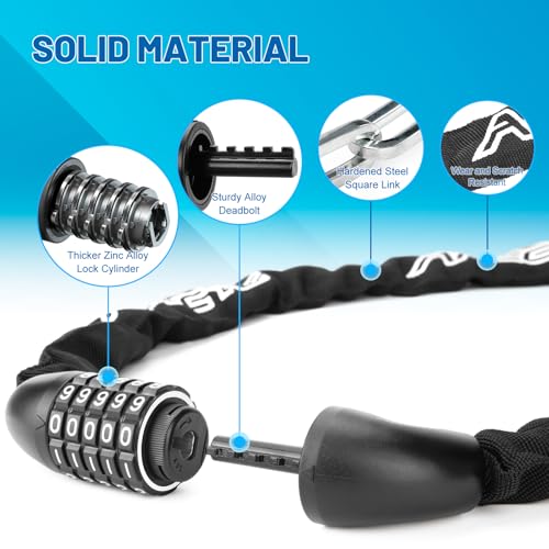 Image of APECYC Bike Lock, 3 /4 /5 /6FT Heavy Duty Anti Theft 5-Digit Combo Chain Lock | Resettable Combination Bicycle Lock, Keyless and Long Security Chain Lock for E-bike, Scooter, Bike Rack, Commuting & Outdoor