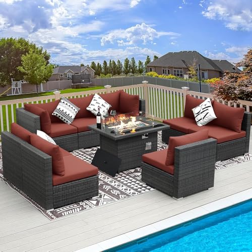 RADIATA 9 Piece Wicker Patio Furniture Set with Fire Pit, All-Weather Outdoor Sectional Couch High Back Large Size, Modular Backyard Seating Sofa Set with Propane/Natural Gas Firepit Table, Grey&Red