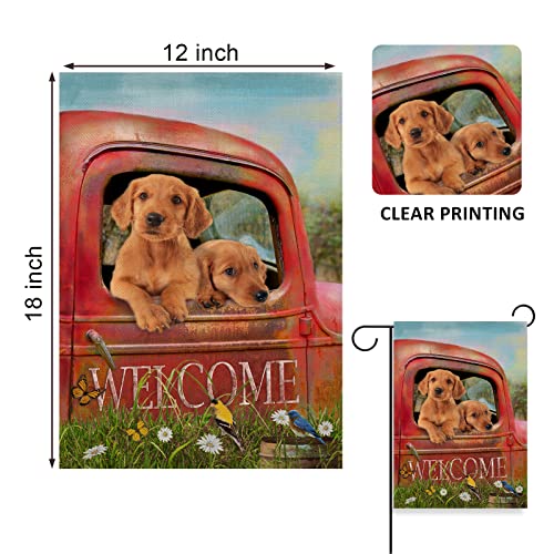 Covido Home Decorative Welcome Spring Dog Golden Retriever Garden Flag, Summer Red Truck Yard Puppy Outside Decoration, Outdoor Small Burlap Decor Double Sided 12X18 #TOP1