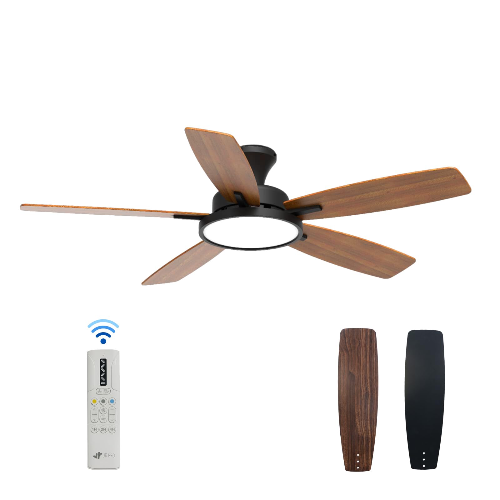 52" Ceiling Fan with LED Light, DC Motor, Three Color Types and Dimmable Light, Black Finish, Remote Control for Bedroom, DC Silent Motor, 6 Speed, Living Room, Office
