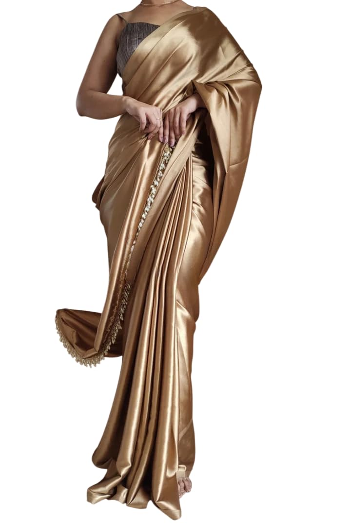 Women's Satin Silk Saree, Chiku, Dry Clean Only, Thread Embroidery, Plain Weave, 5.30 Meters-picture-37