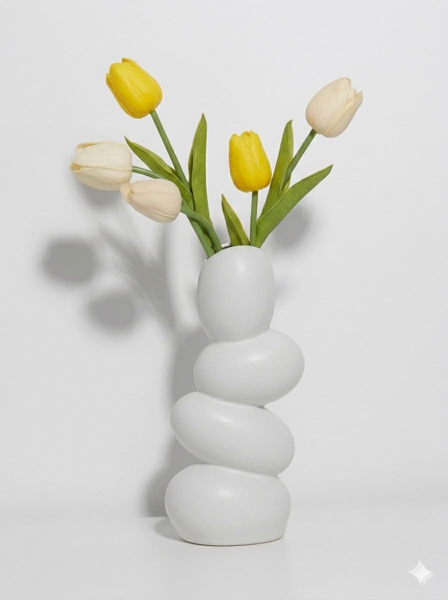 Ceramic Stone Vase for Home Decor Ceramic Vase for Pampas Grass, Abstract Bubble Stacked Pebble Design, Minimalist Ceramic Vases for Flowers (White, 8 Inches)-image-4