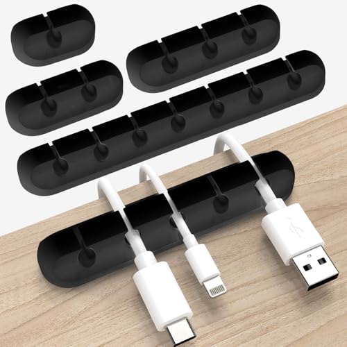 Teouuas 5 Pièces Clips Câble Organisateur Bureau, Organisateur de Câble Auto-adhésif, Supports de Gestion de Câbles Autocollants en Silicone, pour Câbles de Chargement, HDMI, USB, Audio, Noir