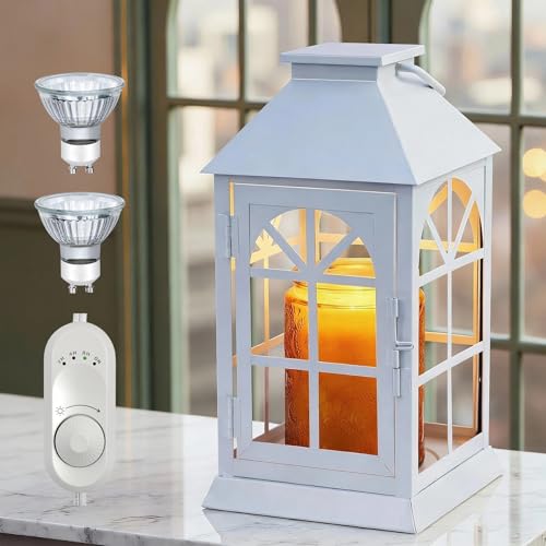 Aaffkaa Candle Lamp Warmer with Timer,Compatible with 3 Wick Candles/Large Candel Jars,Electric Candle Warmer Lamp Dimmable Lantern Style,Fully Enclosed Designed and Hanging Up-White