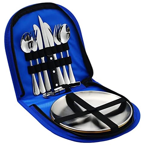MOUFIER Camping Cutlery Set, 11 Pcs Camping Mess Kit with Stainless Steel Plates, Portable Cutlery Set for 2, Travel Picnic Set with Case (Blue) Cover