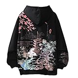 Osheoiso Techwear Japanischer Harajuku Herren Drucken Kapuzenpullover Hip Hop Hoodie Plus Fleecepullover Teenager Hoodie Sweatshirt Lose Schwarz L