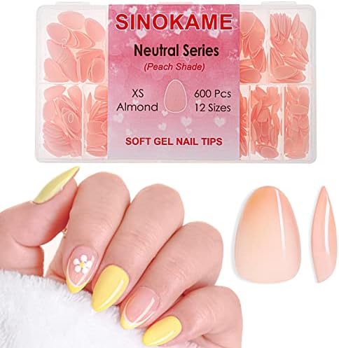 SINOKAME 600Pcs Neutral Soft Gel Extra Short Almond Nail Tips, Nude Gel Press on Nails XS Almond 2 in 1 Nude Base Color for a Quick and- Easy Application, Sheer Pre-painted Tips Can Be Cured and Soaked off for Nail Extensions Salon Home DIY,12 Sizes