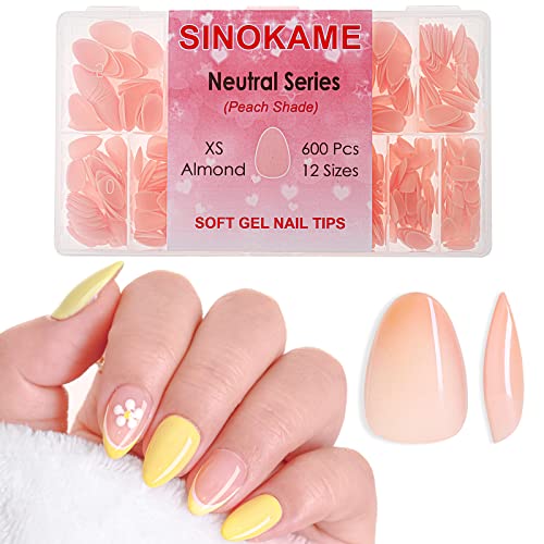 Sinokame 600Pcs Neutral Soft Gel Extra Short Almond Nail Tips, Nude Gel Press On Nails Xs Almond 2 In 1 Nude Base Color For A Quick And- Easy Application, Sheer Pre-Painted Tips Can Be Cured And Soaked Off For Nail Extensions Salon Home Diy,12 Sizes #TOP1
