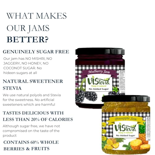 Image of Vistevia Sugar Free Mulberry and Pineapple Jam, Diabetic and Keto Friendly - Sweetened Naturally with Stevia, More Than 60% Fruit Content - Tastes Delicious - Pack of 2 (220 * 2 GM)
