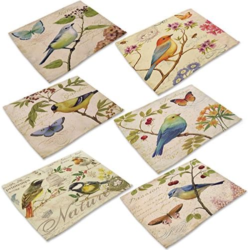 Cotton Linen Placemats Birds Painting Design Place Mats Home Decoration for Dinner Table,Indoor Outdoor Kitchen Table Mats Set of 6 (Ink Bird)