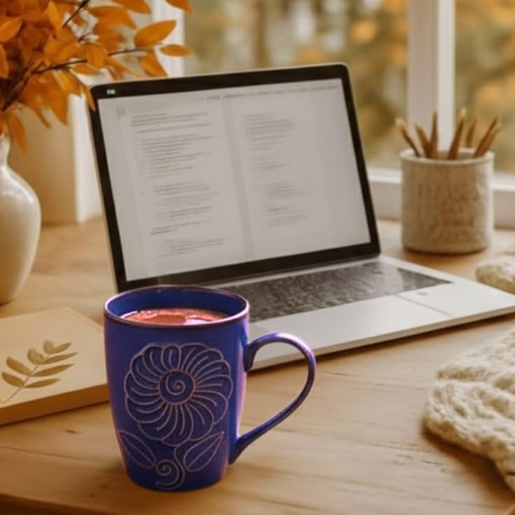 Image of KITTENS Handcrafted Blue Floral Ceramic Coffee Mugs Set of 6 - 330 ml Studio Finish Tea & Coffee Cups, Microwave & Dishwasher Safe - Premium Gift for Housewarming & Special Occasions
