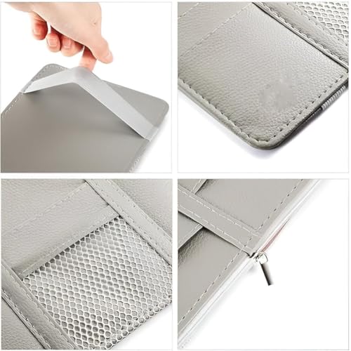 Image of Car Accessories Car Sun Visor Organizer, Sunglass Pen Card Small Document Storage Pouch Holder, PU Leather, Multi-Pocket with Zipper Net (Grey)
