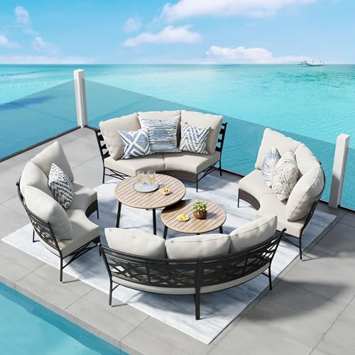 PHI VILLA Outdoor Patio Furniture Set 10 Piece, Round Sectional Curved Outdoor Sofa for 8 Persons with 2 Round Table for Garden, Poolside, Balcony, Backyard