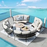 PHI VILLA Outdoor Patio Furniture Set 10 Piece, Round Sectional Curved Outdoor Sofa for 8 Persons with 2 Round Table for Garden, Poolside, Balcony, Backyard