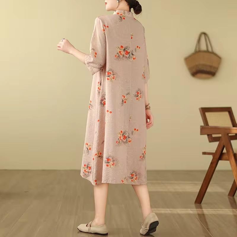 Robe longue d'été style chinois en lin premium et coton fluide
