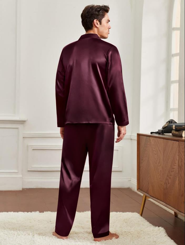 SWOMOG Men Pajamas Matching Pajamas Set Silk Satin Women Pj Set Long Sleeve Button Down Sleepwear 2 Pcs Loungewear Deep Wine Red Medium4