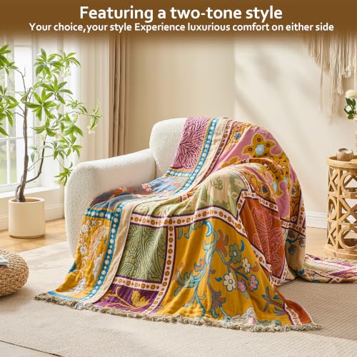 Image of VANJOROY Boho Throw Blanket, 100% Organic Cotton Breathable Skin-Friendly Ultra Soft 50 inch x 60 inch Bed Patchwork Throw - Floral Rustic Luxury Reversible Blanket for Sofa Couch Chair and Gift,