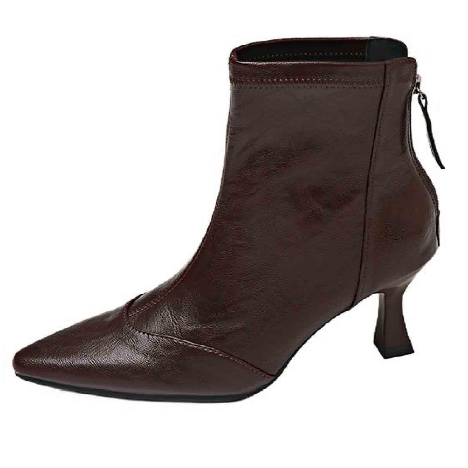 Womens soft leather Kitten Heel Booties with Back zipper Fashion Pointed Toe Low heel Dress Boots for Office