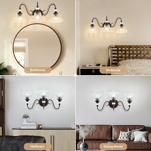 Image of Vintage Bathroom Vanity Light, 3-Light Oil Rubbed Bronze Finish Wall Sconce with Hanging Crystal Accents and Flower-Shaped Clear Glass Shades, Retro Wall Mount Vanity Light Over Mirror for Bathroom