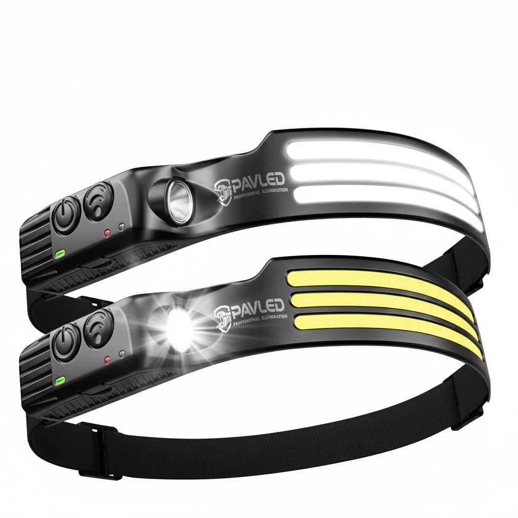 Pavled Women's Black Head Torch Rechargeable, Led Headlamp Motion Sensor Headtorch 230° Widen View & 5 Modes, Hands-Free Ipx4 Waterproof Head Lamp For Camping,Running,Fishing,Cycling