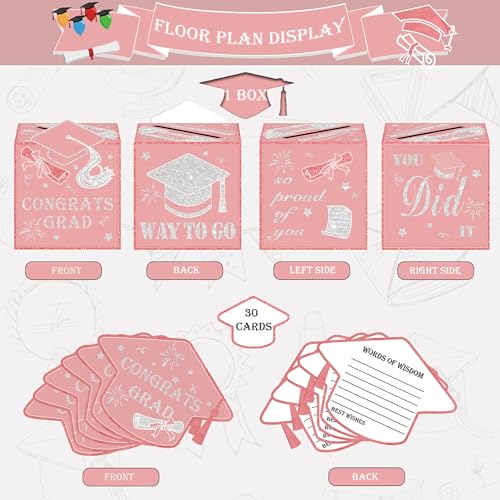 Image of AYGXU graduation card box Holder 2026 with 30pcs graduation cards,Graduation party Decorations,graduation box for gifts and Cards,graduation money box,Graduation Party Supplies-pink card box