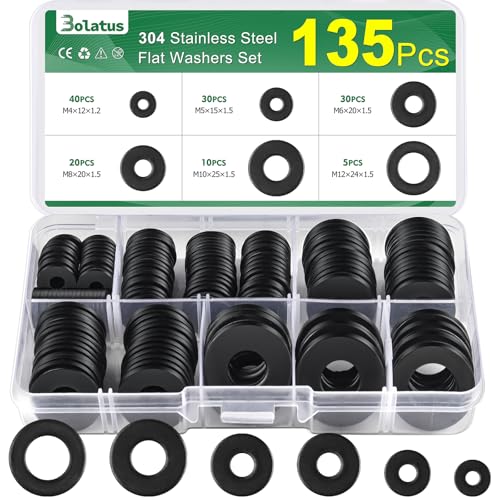 135 st. brickor, set svart, Bolatus rostfritt stål, brickor, sortiment 6 storlekar, karossskivor M4 M5 M6 M8 M10 M12, platta brickor rostfritt stål för skruvar och muttrar
