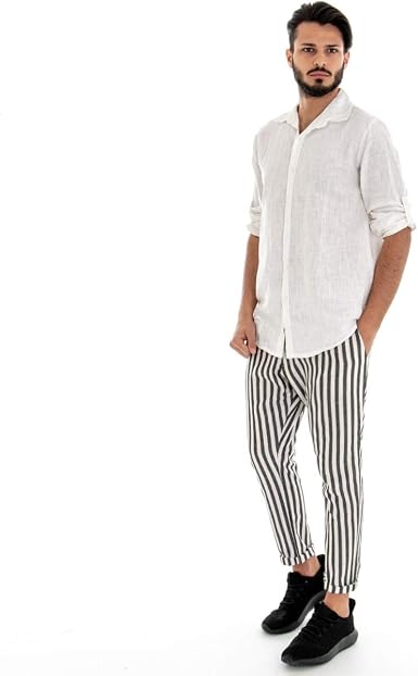 Giosal Outfit - Conjunto de Camisa de Lino para Hombre, Color Blanco,  Cuello Liso, Pantalones a Rayas Negros, Rayas Casuales Bianco S: Amazon.es:  Ropa