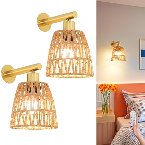Image of Battery Operated Wall Sconce Set of 2, Gold Battery Wall Sconces, USB Rechargeable Wall Lights with 2500mAh Dimmable Bulbs and Remote, RGB 15 Colors Wireless Wall Lamps for Bedroom Living Room Hallway
