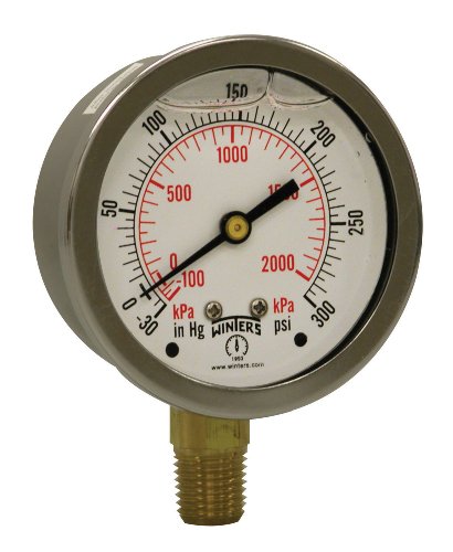 Image of Winters 2-1 /2 inch Dial Size, Liquid Filled Industrial Pressure Gauge, Brass Internals, Stainless Steel Case, Dual Scale 30 inch Hg-0-300 psi /kPa, 1.5% Acc, 1 /4 inch NPT Bottom Mount, Pressure and Vacuum Gauge
