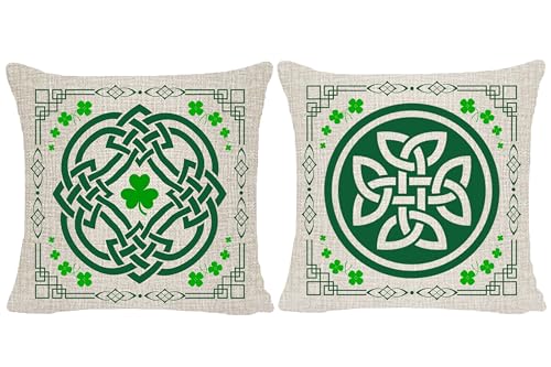 Hysunland HYSUNLAND-BKJ01 St. Patrick'S Day Decorations Irish Celtic Knot Pillow Case Covers 18X18 2 Pack Burlap Throw Pillows cover