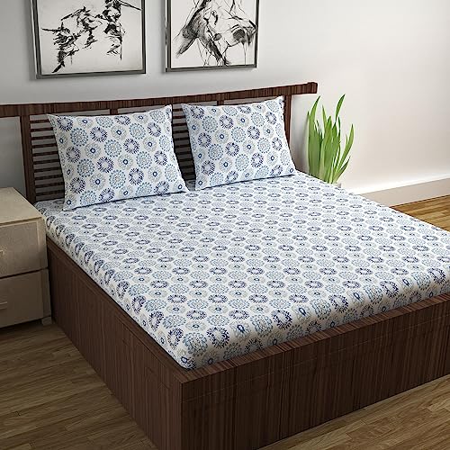 Divine Casa Sábana de 144 hilos Dahlia para cama doble, 100% algodón, sábanas con estampado floral para cama doble, color azul (222 x 254 cm)