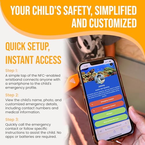 Kids ID Bracelet – Fitted NFC Safety Wristband, Slip-On Child ID Band for Emergency Contact Info, Waterproof Silicone, Not GPS, Wear on Wrist or Ankle, Ideal for Theme Parks, Travel & Beaches3