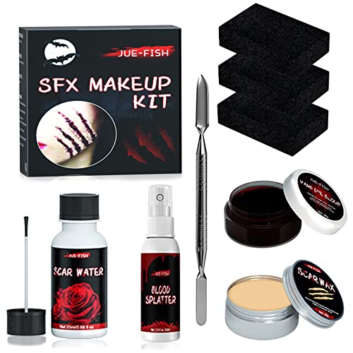 Halloween Special Effects SFX Halloween Makeup Kit, Scar Wax with Spatula Tool + Fake Blood Splatter Spray + Fake Blood Cream + Stipple Sponges,Halloween SFX Makeup Kit Scars Wax